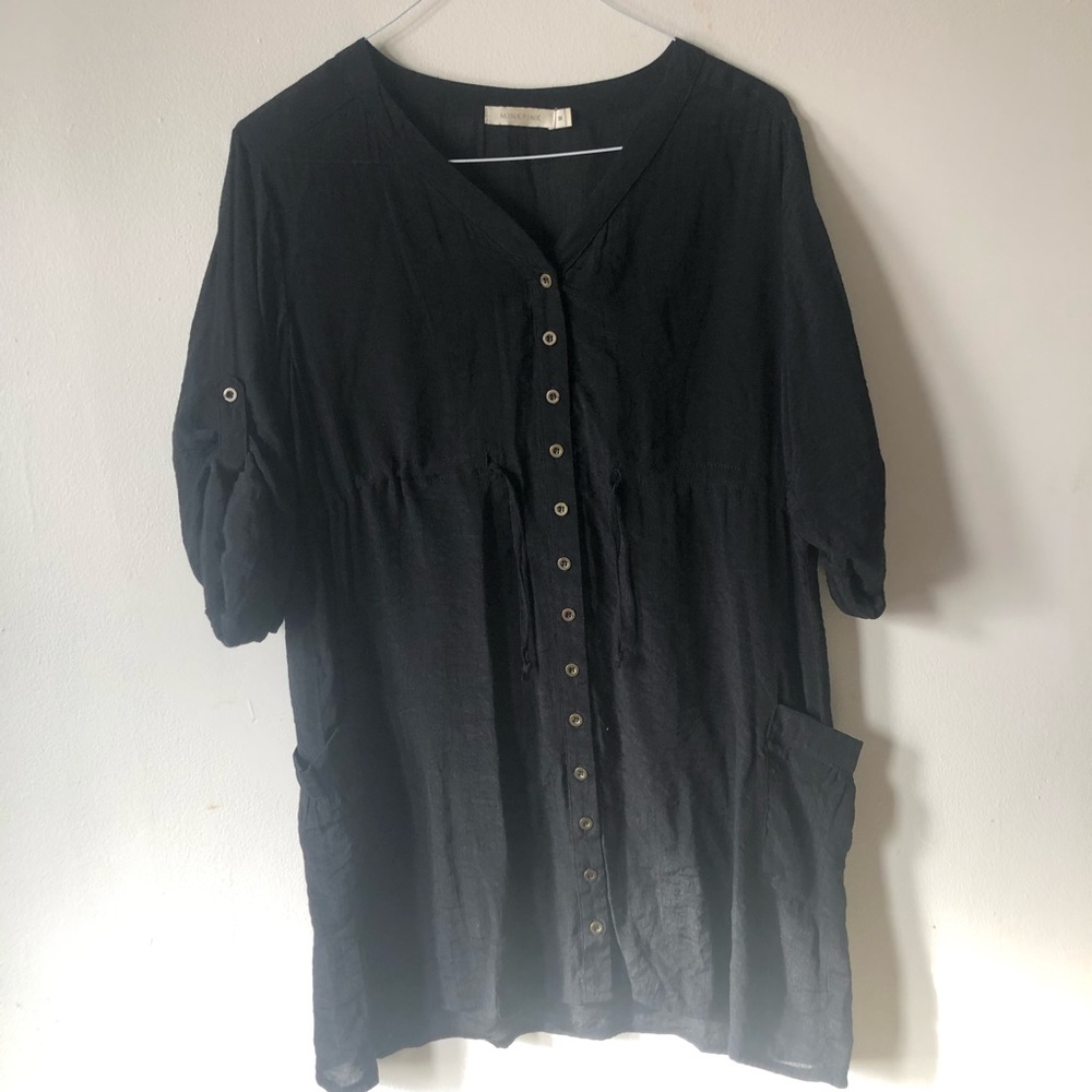 ❤️Mink Pink Long Button Shirt Tunic Waist Tie Big Pockets V-Neck Size M